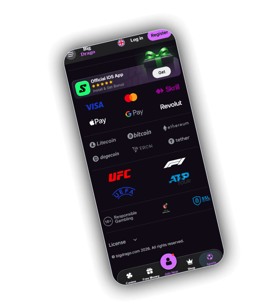 Footer van BigDrago op een telefoon met de banner Official iOS App, de betaallogo's Mastercard, Skrill, Visa, Google Pay, Revolut, Apple Pay, Litecoin, Bitcoin, Ethereum, Tron, Tether en Dogecoin, de logo's van UFC, F1, UEFA en ATP Tour, een 18+ Responsible Gambling badge, een SSL badge, het menu License en de regel copyright bigdrago.com 2026