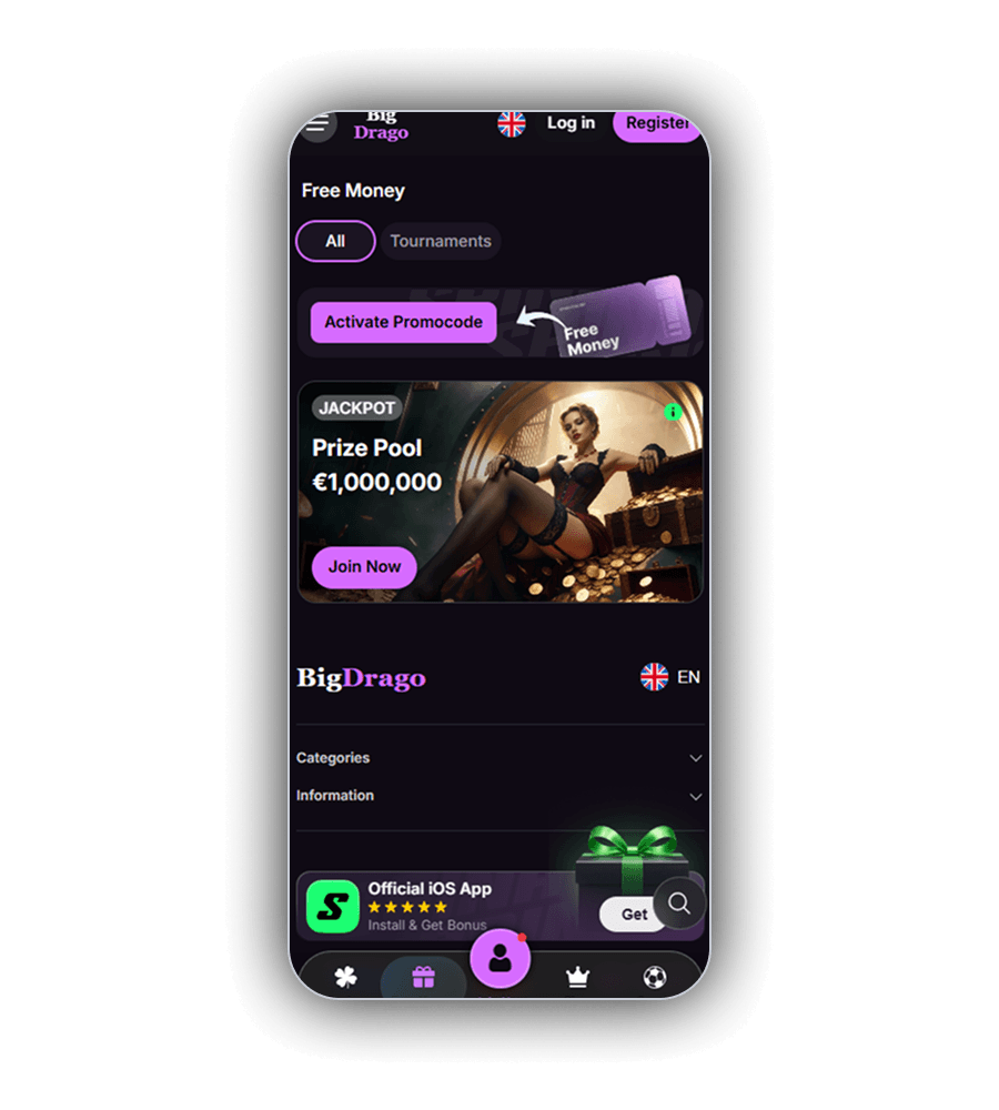 Free Money scherm van BigDrago: de filters All en Tournaments, de knop Activate Promocode naast een paars Free Money ticket, de JACKPOT kaart met Prize Pool en &euro;1.000.000 en een knop Join Now, daaronder de menu's Categories en Information en een banner Official iOS App