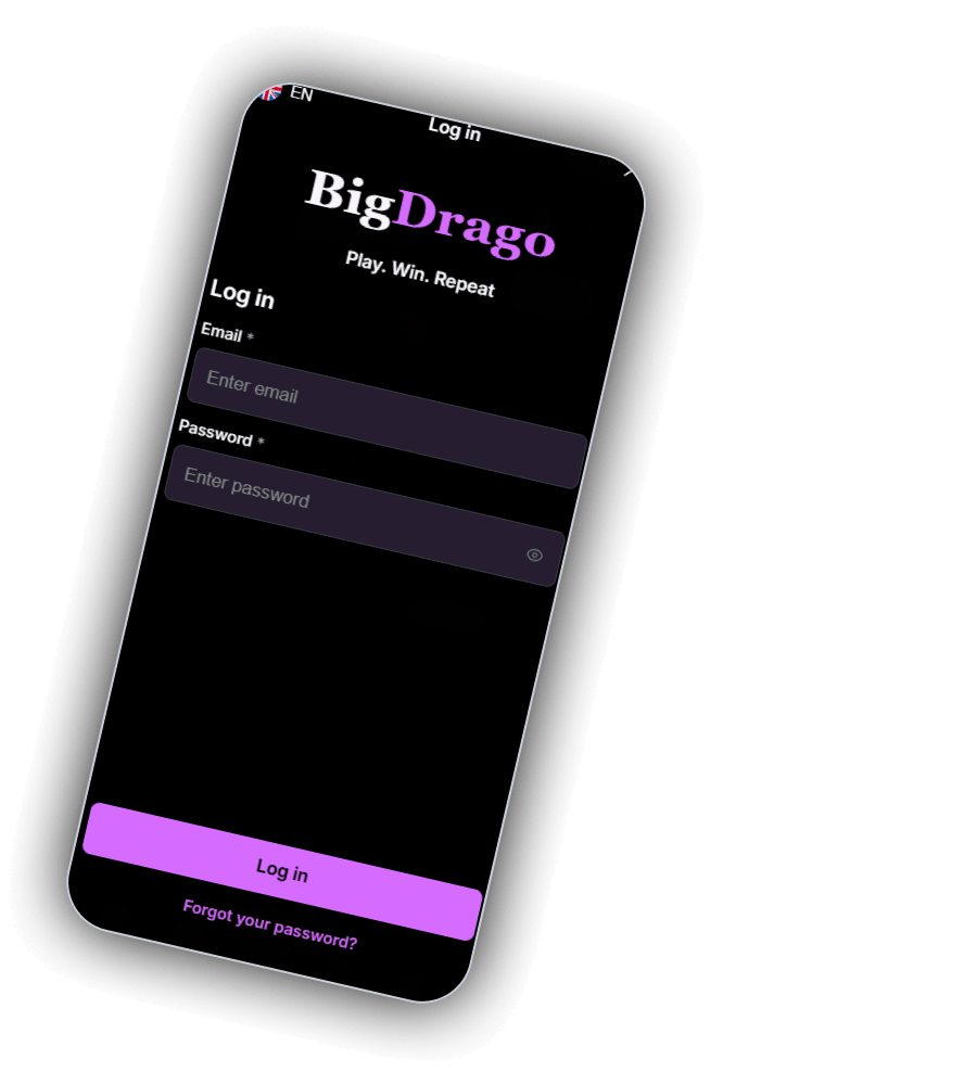 Inlogformulier van BigDrago: de taalkeuze EN, de titel Log in, het logo met Play. Win. Repeat, de velden Email en Password met een oogje, de lila knop Log in en de link Forgot your password?